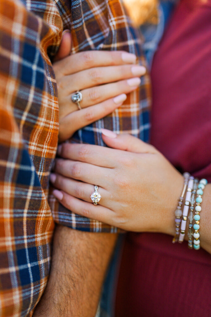 Detail shot of engagement ring and fall leaves in the Gatlinburg.