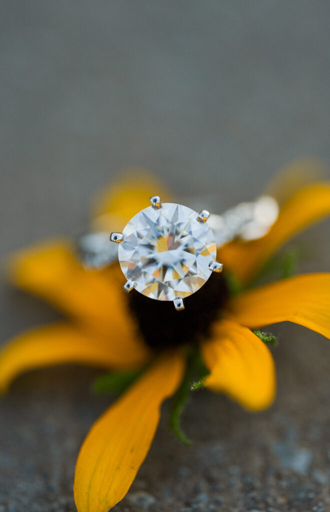 Detail shot of engagement ring and fall leaves in the Great Smoky Mountains.
