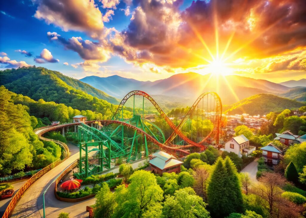 An image of the big bear roller coaster at sunset at Dollywood Theme Par in Pigeon Forge, Tennessee