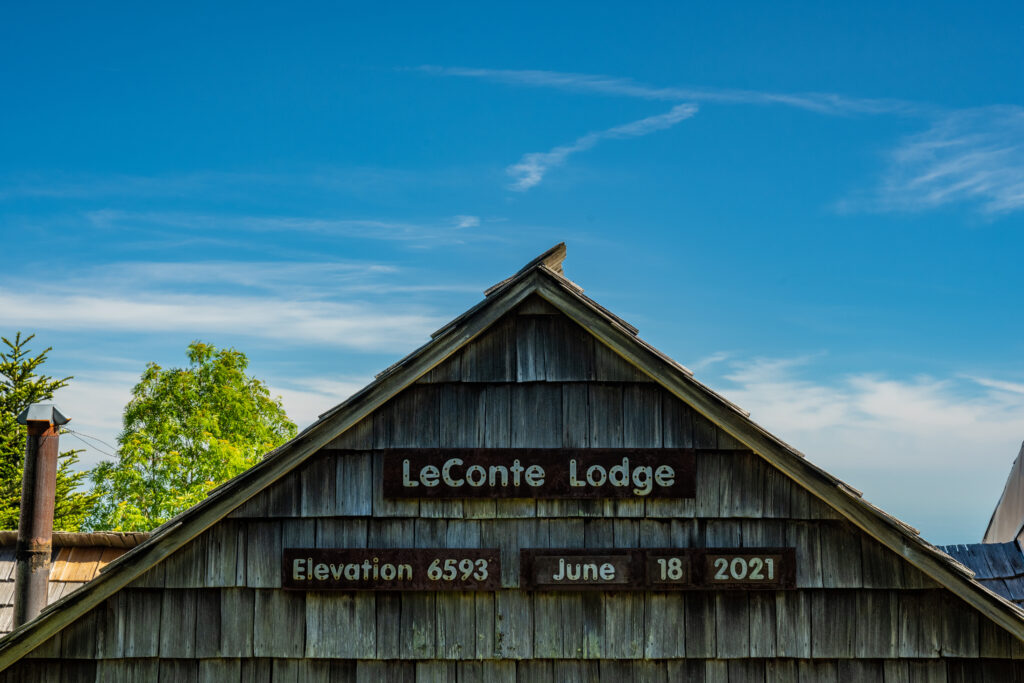 the sign at the top of Leconte lodge in the smoky mountains in Gatlinburg, Tennessee