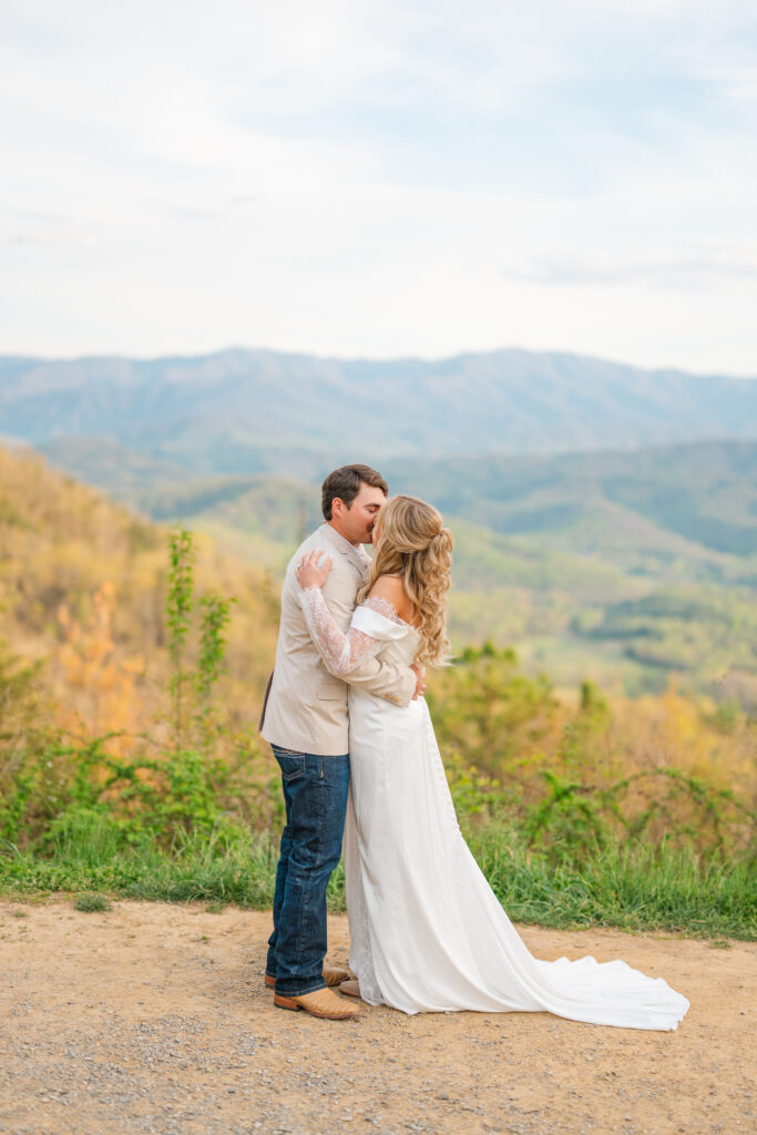 First kiss as husband and wife at a wedding ceremony in the Smokies